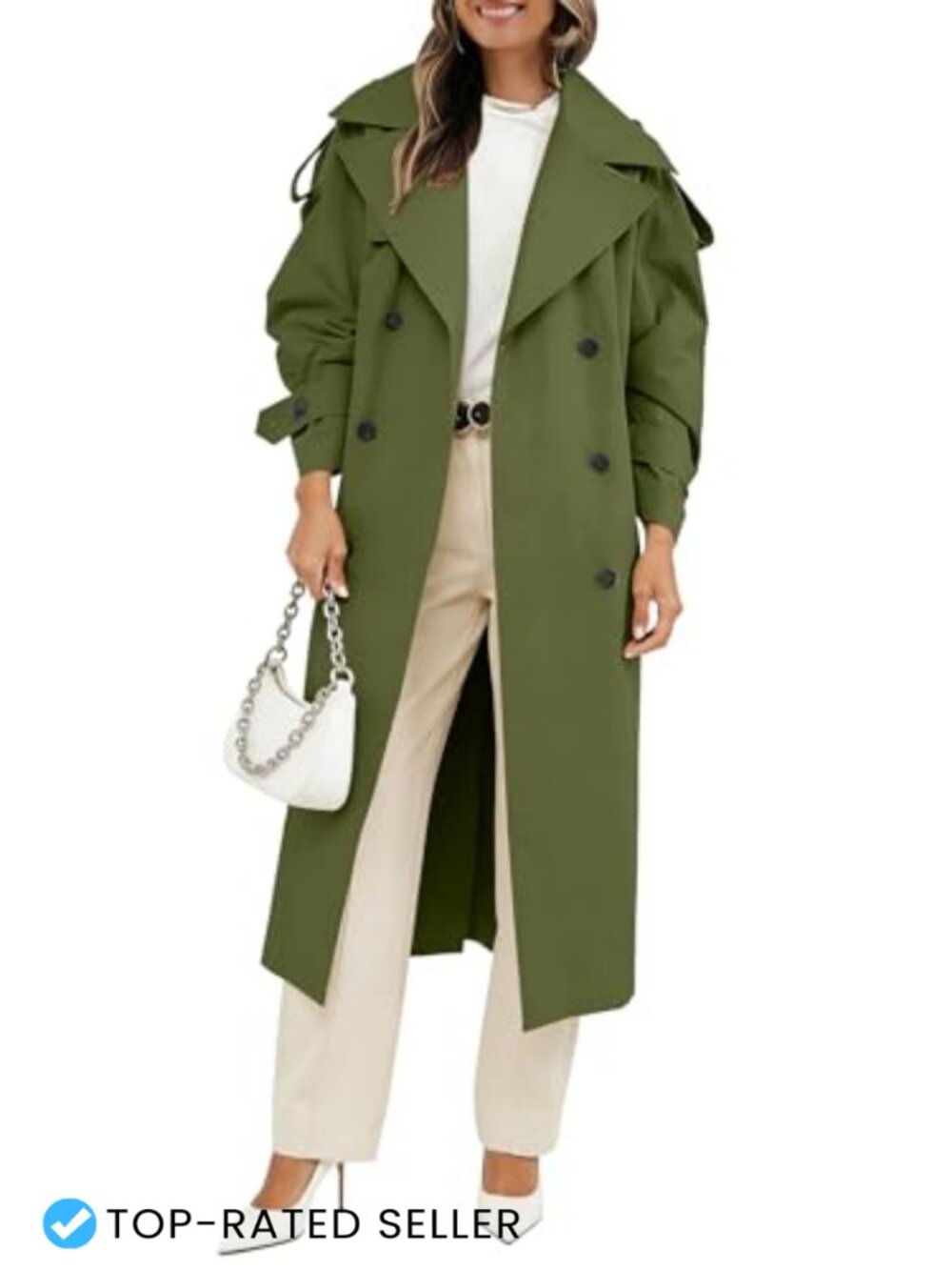 Oversized Double Breasted Trench Coat with Belt Long Lapel Waterproof